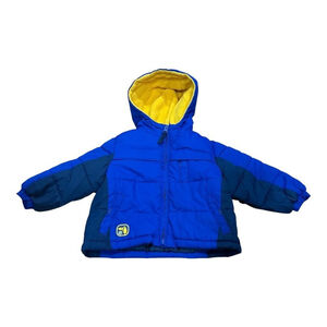 Cherokee Jacket Infant 12M Blue Yellow Hooded Puffer Fleece Lined Phone Pocket